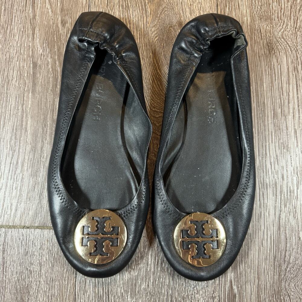 TORY BURCH Reva Ballerina Ballet Flats - Gold Black Leather - Size 11M